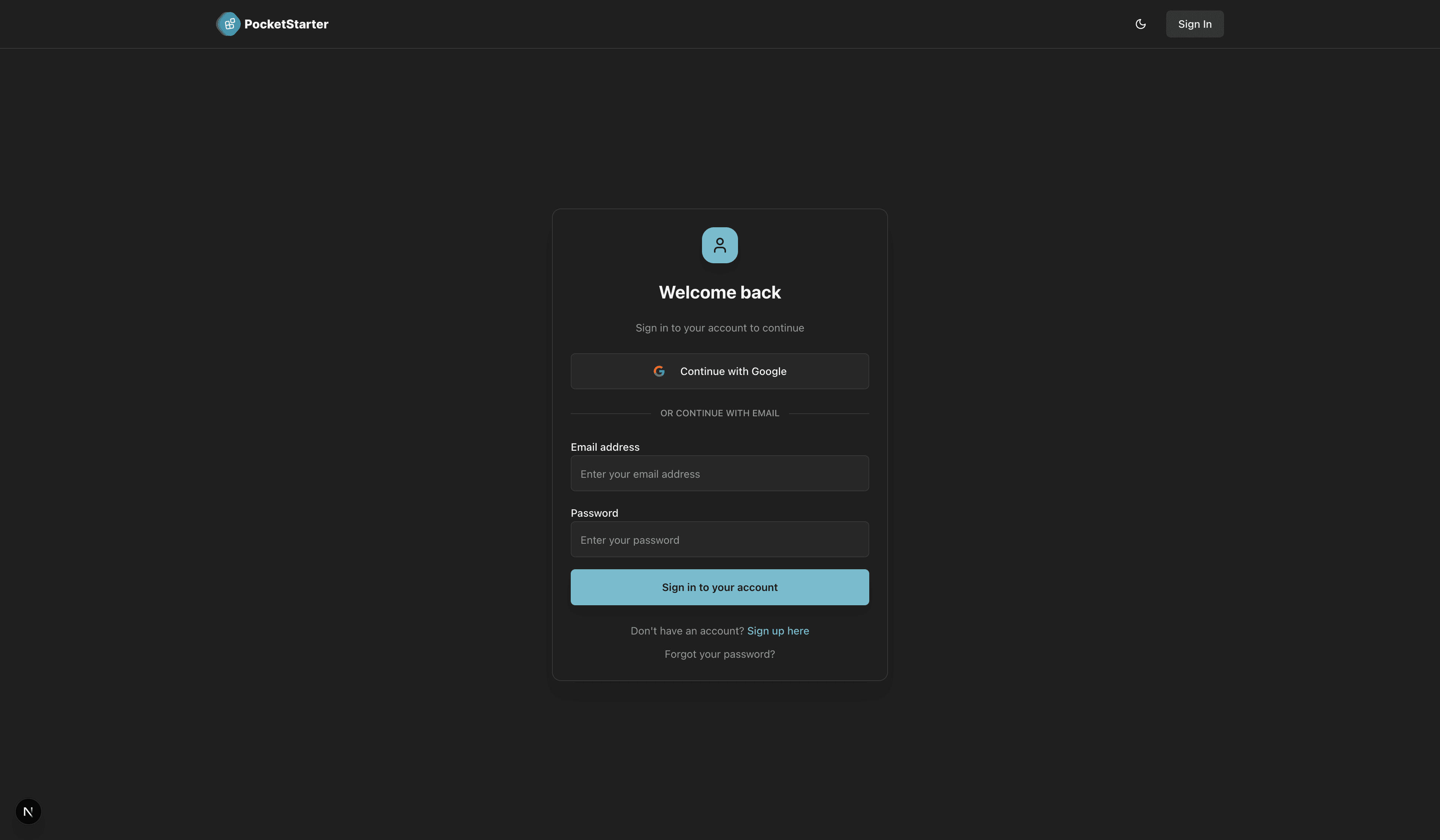 PocketStarter Login Page