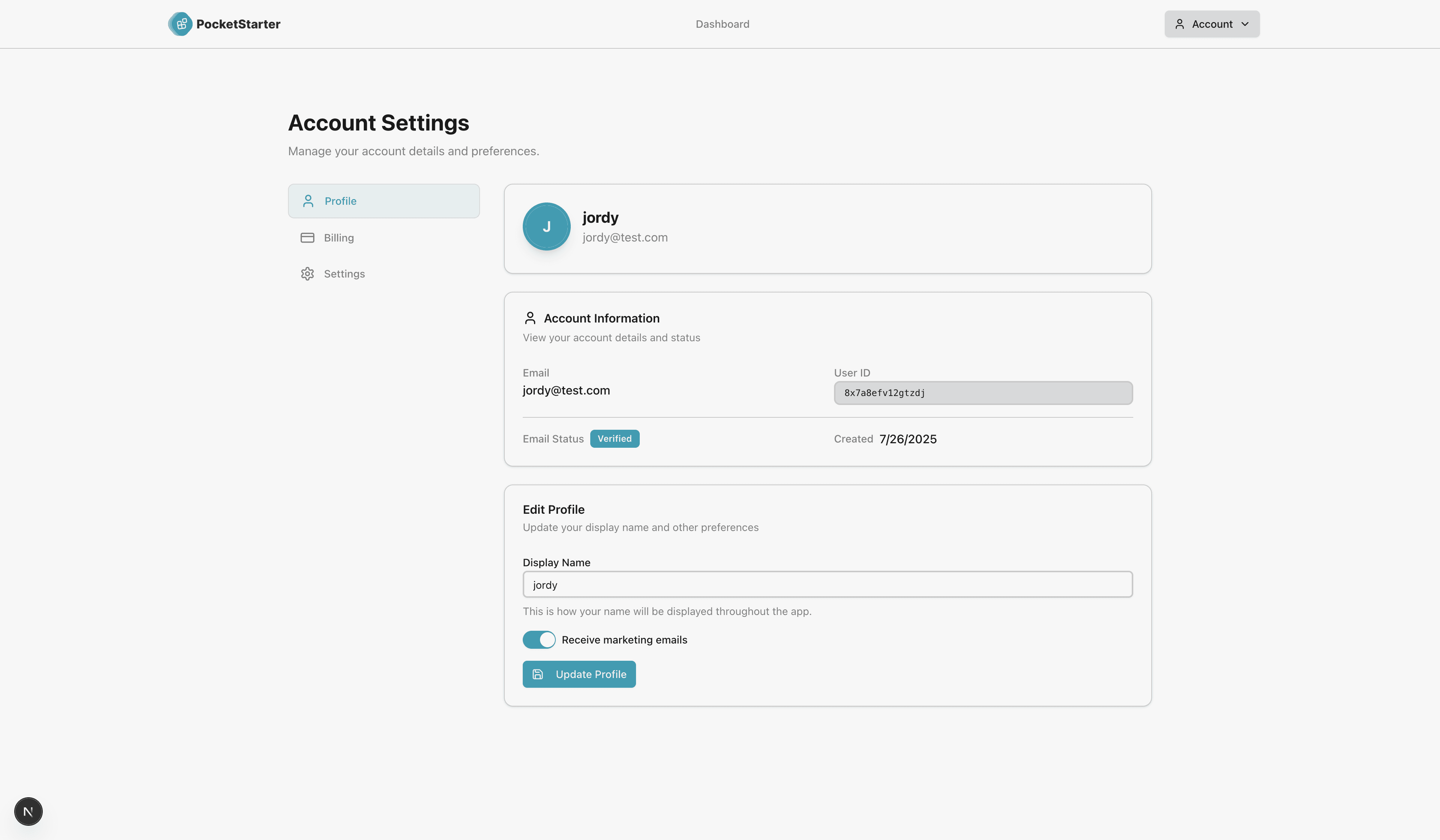 Marketing emails toggle in user profile