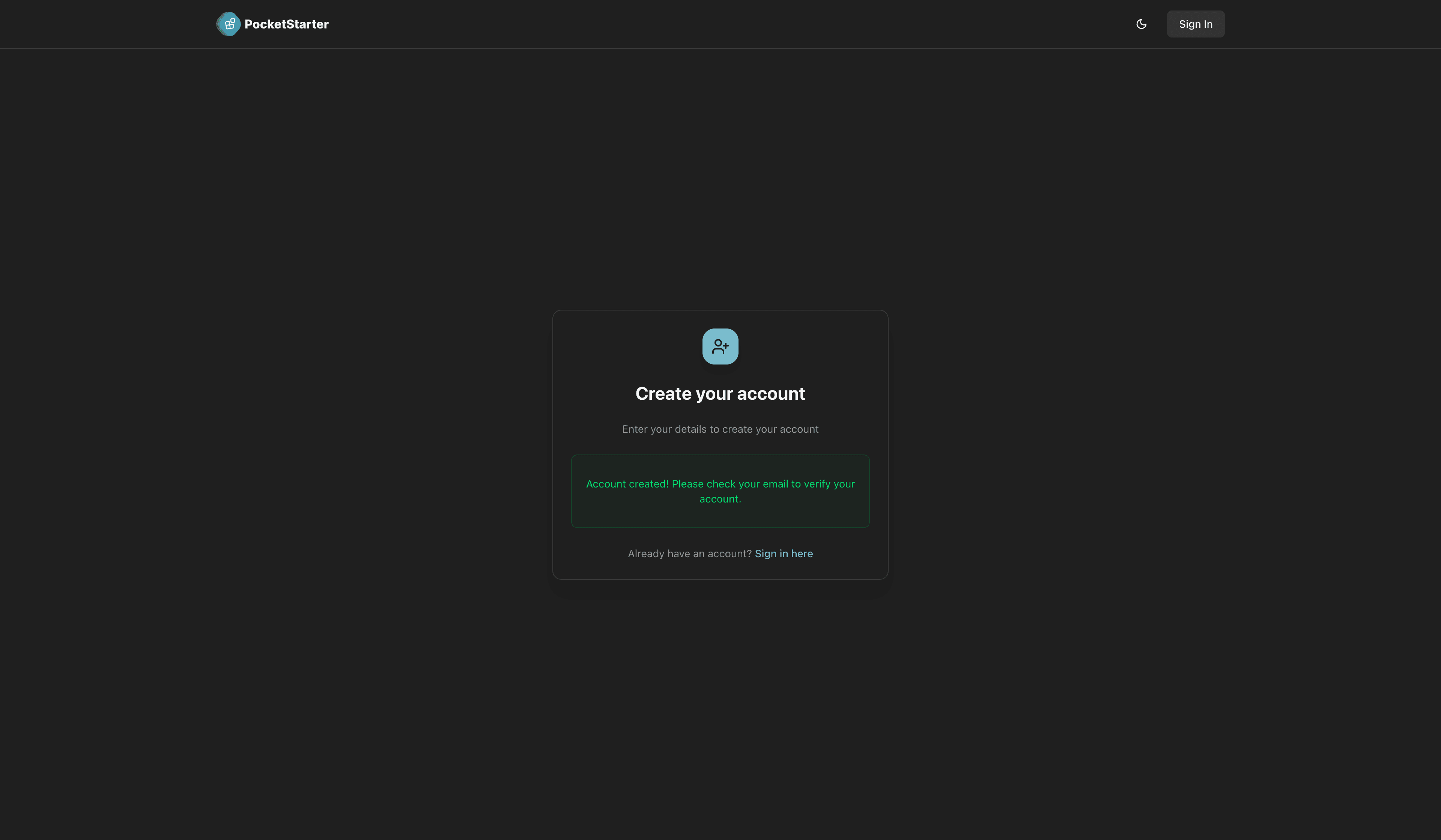 PocketStarter account creation and verification